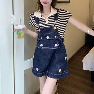 Short-sleeve Striped Polo Shirt / Denim Jumper Shorts
