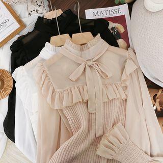 Bow-neck Ruffle Trim Chiffon Panel Knit Top