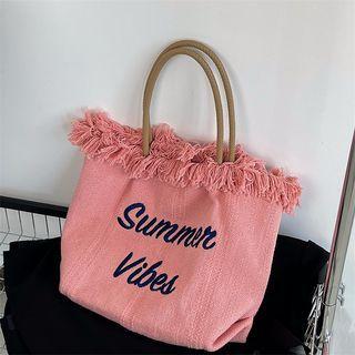 Letter Embroidered Fringed Trim Tote Bag