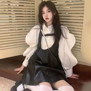 Puff-sleeve Shirt / Faux Leather Mini A-line Overall Dress / Set