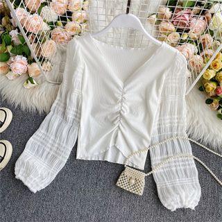 V-neck Slim Puff Long-sleeve Top