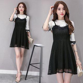 Lace Trim Elbow-sleeve Mock Two-piece Dress