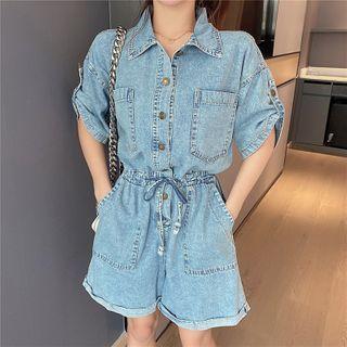 Short-sleeve Denim Drawstring-waist Romper
