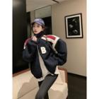 Color Block Lettering Zip-up Fleece Jacket