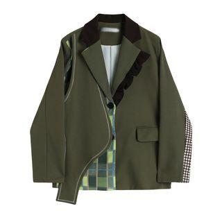 Asymmetrical Plaid Panel Blazer
