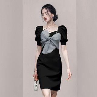 Short-sleeve Square-neck Bow Mini Sheath Dress