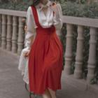 Set: Long-sleeve Cutout Shirt + Midi A-line Suspender Skirt