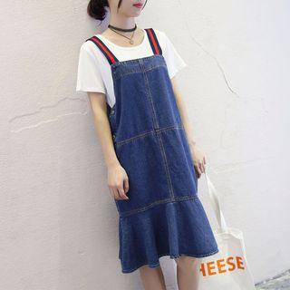 Set: Striped Dungaree Midi Dress + Plain Short Sleeve T-shirt