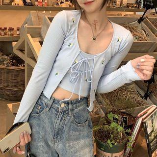 Set: Floral Embroidered Tie-front Cardigan + Camisole Top Light Blue - One Size