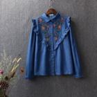 Flower Embroidered Frill Trim Denim Shirt