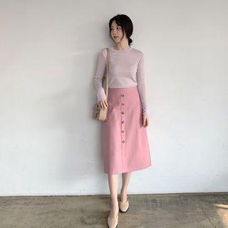 Band-waist Button-front A-line Skirt Pink - One Size