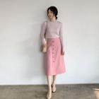 Band-waist Button-front A-line Skirt Pink - One Size