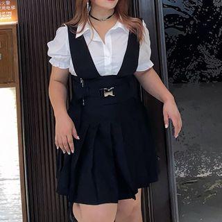 Short-sleeve Shirt / Mini A-line Skirt / Buckled Belt