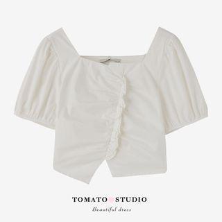 Plain Ruffle Cropped Blouse Off-white - One Size