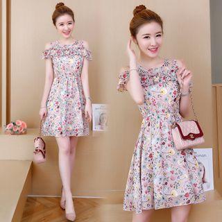 Floral Print Cold-shoulder Short-sleeve Mini A-line Dress