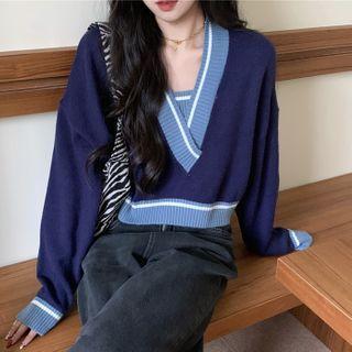 V-neck Sweatshirt Navy Blue - One Size