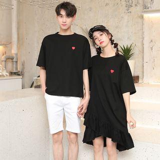 Couple Matching Elbow-sleeve Embroidered Heart T-shirt / Dress / Shorts