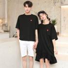 Couple Matching Elbow-sleeve Embroidered Heart T-shirt / Dress / Shorts