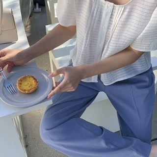 Puff-sleeve Pattern Cropped Blouse