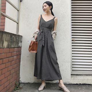 Pinstriped V-neck Wide Leg Jumpsuit
