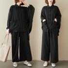 Set: Long-sleeve Plain Shirt + Wide-leg Pants