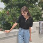 Short-sleeve Stitch-trim Button-trim Knit Top