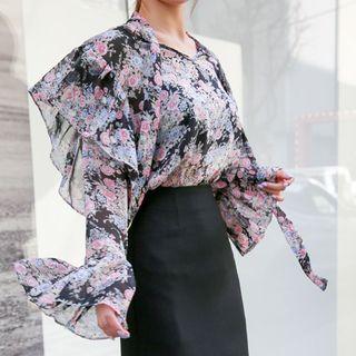 Tie-neck Flounced Floral Chiffon Blouse