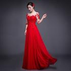 Elbow-sleeve Sequined Evening Gown