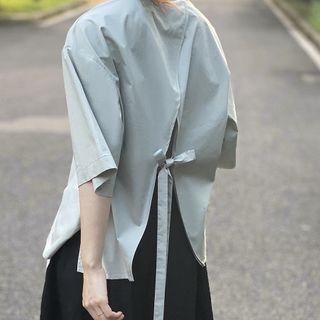 Plain Elbow-sleeve V-neck Tie-back Blouse