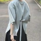 Plain Elbow-sleeve V-neck Tie-back Blouse
