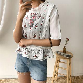 Frill-trim Floral Embroidered Top