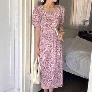 Square Neck Floral Print Midi Dress