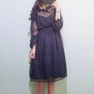 Cross Embroidered Strappy A-line Dress / Mesh Long-sleeve A-line Dress / Set: Cross Embroidered Strappy A-line Dress + Mesh Long-sleeve A-line Dress