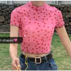 Heart Print Short-sleeve Cropped T-shirt Pink - One Size