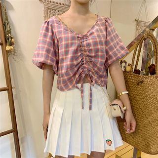V-neck Plaid Drawstring Short-sleeve Blouse