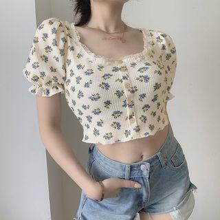 Short-sleeve Scoop-neck Floral Print Crop Top