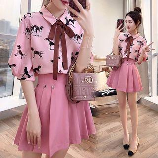 Elbow-sleeve Dog Print Blouse / Pleated Skirt / Set