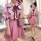 Elbow-sleeve Dog Print Blouse / Pleated Skirt / Set