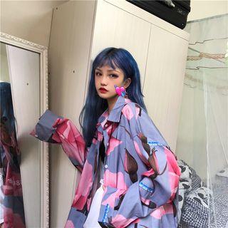 Rose Printed Long Shirt Blue - One Size