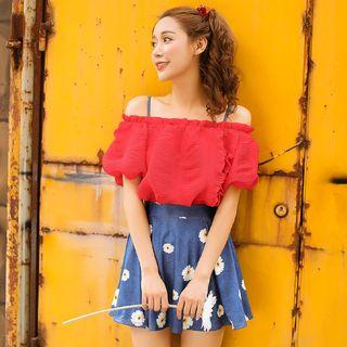Set: Floral Bikini + Off Shoulder Top + Skirt