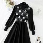 Long-sleeve Flower Print Midi Knit A-line Dress