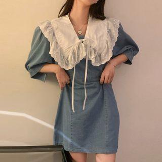 Elbow-sleeve Denim Mini Dress Light Blue - One Size