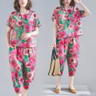 Set: Short-sleeve Floral T-shirt + Capri Harem Pants