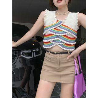 Crochet Cropped Knit Vest Almond & Red & Yellow - One Size