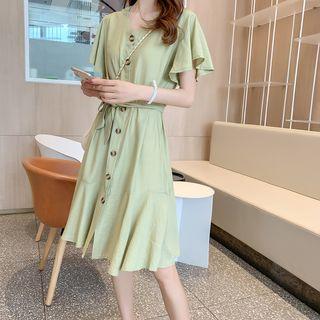 Tie-waist Ruffle Trim Single-breasted Midi Dress