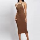 Halter-neck Contrast-trim Open-back Midi Bodycon Dress