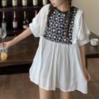 Elbow-sleeve Floral Embroidered Panel Blouse