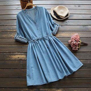 Drawstring Embroidered Elbow-sleeve Dress Denim Blue - One Size
