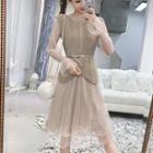 Set: Knit Vest + Long-sleeve Embroidered A-line Mesh Dress
