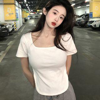 Short-sleeve Square-neck Plain Side Slit Top